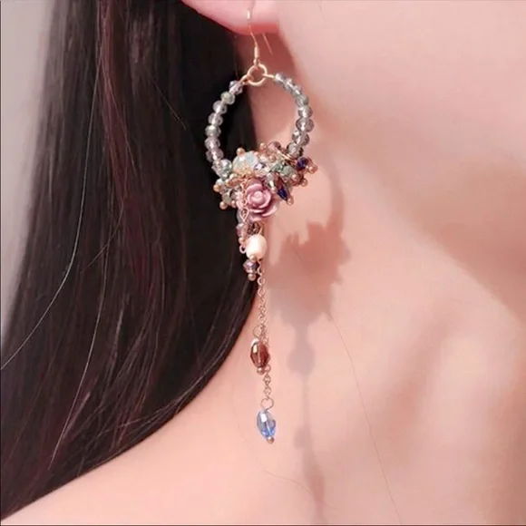 Handmade Bohemian Floral Wedding Earrings - Beaded Chandelier Dangles - Picture 7 of 15